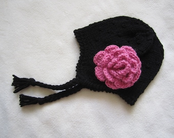 Hand Knitted Black Baby Beanie with Hot Pink Flower & Ear Flaps