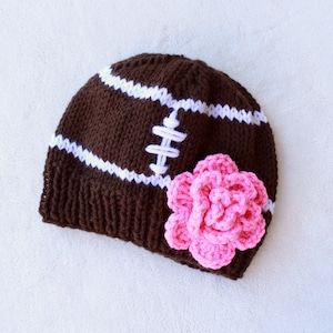 Girls Football Beanie with Hot Pink Flower. Girl Football Beanies. Football Accessories for kids. Fall and Winter Accessories