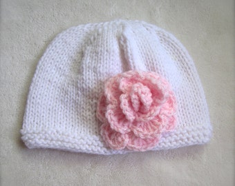 Baby Girl's Beanie in White with Pink Flower. Newborn Beanies for Baby. White Beanie for girls.
