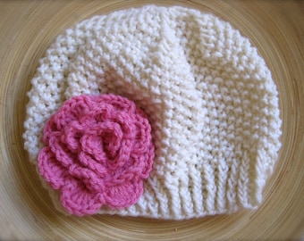 Cream Beanie with Hot Pink Flower for Girls. Knitted Cream and Pink Beanie. Cream Beanie for Girls. Custom made Beanies