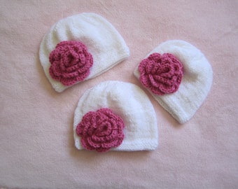 Triplets. White and Hot Pink Beanies for baby girls. Triplet Girls Accessories. New Born Baby hats.