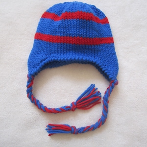 Blue with Red Stripes Beanie for Boys. Hand Knitted Beanies for Children. Beanie with Ear Flaps. Toddler Beanies. Blue beanie.