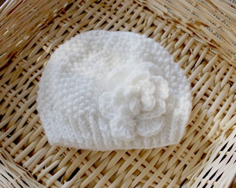 Hand knitted White Hat with White Flower. White Beanie for women. White Beanie. Made to order Beanies. Custom made Beanies.