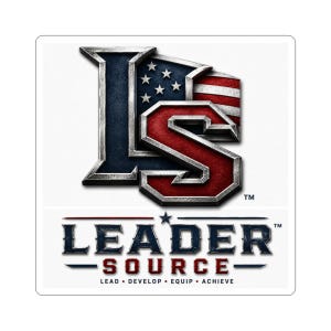 May include: A square sticker featuring a metallic-textured logo with the letters L and S intertwined. The L is dark blue with white stars, and the S is red with white stripes. Below, the text LEADER SOURCE appears with the words LEAD, DEVELOP, EQUIP, ACHIEVE.