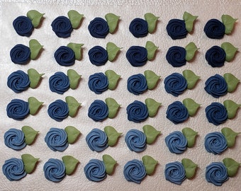 Royal icing flowers for cookie decorating, swirl roses with leaves, shades of navy blue