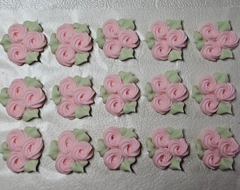 Royal icing flowers for cookie decorating, groups of 3 swirl roses with leaves, pastel pink