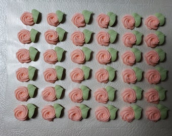 Royal icing flowers for cookie decorating, swirl roses with leaves, light peach