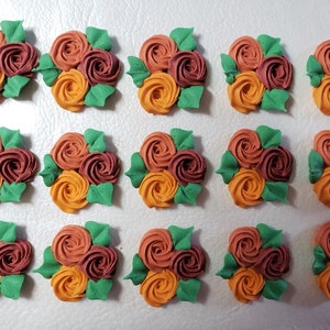 Royal icing flowers for cookie decorating, group of 3 swirl roses with leaves, 3 fall colors image 1