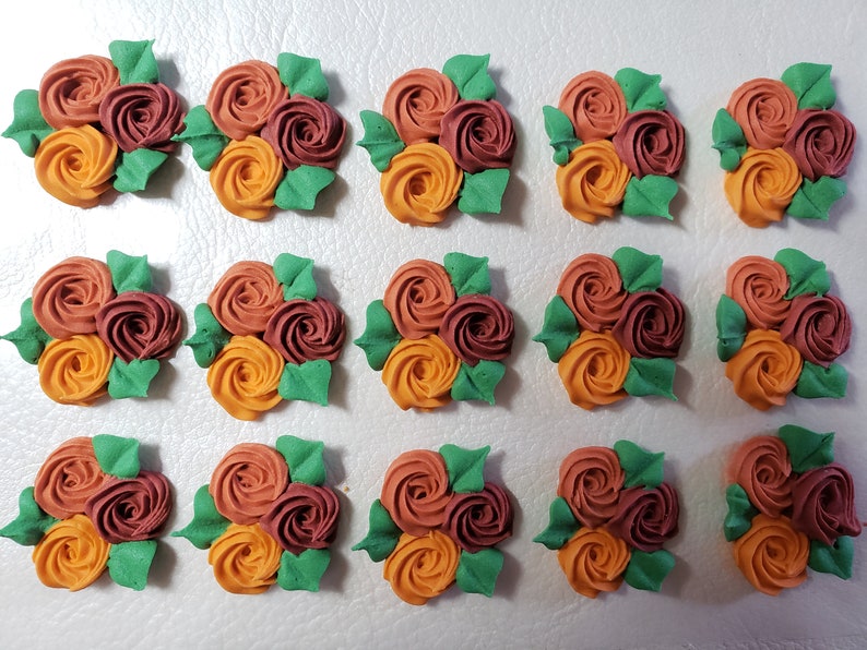 Royal icing flowers for cookie decorating, group of 3 swirl roses with leaves, 3 fall colors image 1
