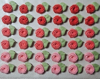 Royal icing flowers for cookie decorating, swirl roses with leaves, shades of pink