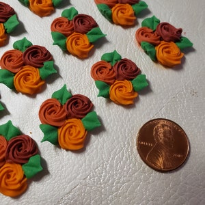 Royal icing flowers for cookie decorating, group of 3 swirl roses with leaves, 3 fall colors image 3