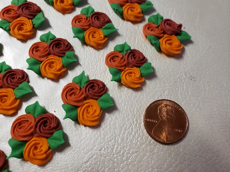 Royal icing flowers for cookie decorating, group of 3 swirl roses with leaves, 3 fall colors image 3