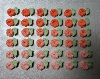 Royal icing flowers for cookie decorating, swirl roses with leaves, shades of peach