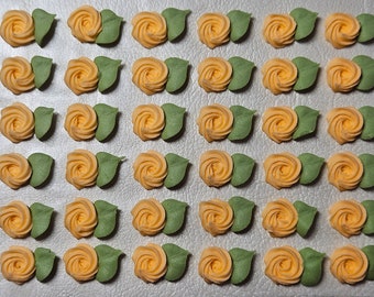 Royal icing flowers for cookie decorating, swirl roses with leaves, light orange