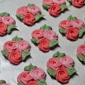 Royal icing flowers for cookie decorating, groups of 3 swirl roses with leaves, shades of pink image 3