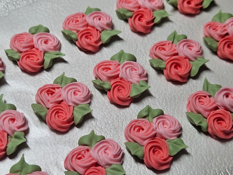 Royal icing flowers for cookie decorating, groups of 3 swirl roses with leaves, shades of pink image 3