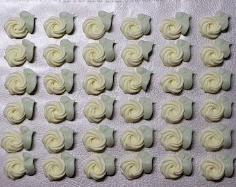 Royal icing flowers for cookie decorating, swirl roses with leaves, pastel yellow