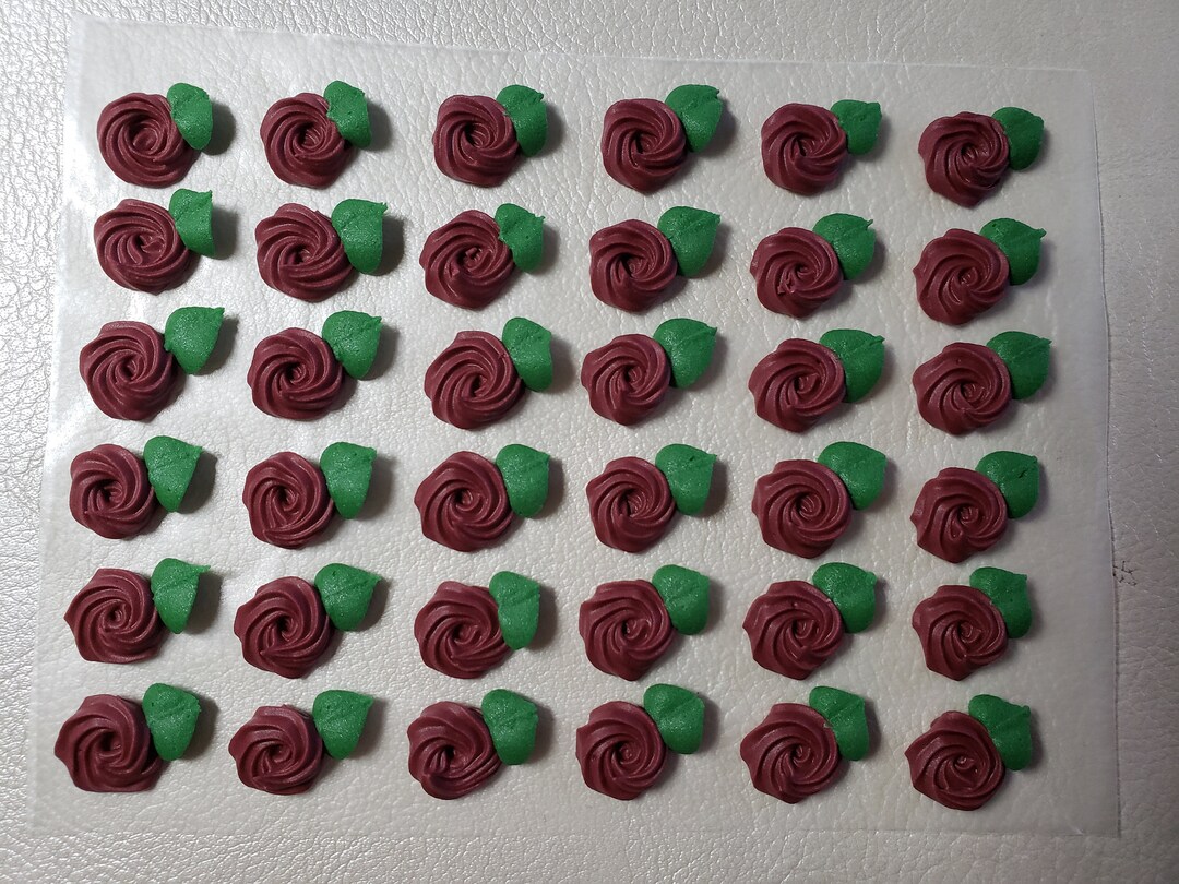Royal Icing Flowers for Cookie Decorating, Swirl Roses With Leaves, Burgundy Etsy