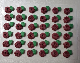 Royal icing flowers for cookie decorating, swirl roses with leaves, burgundy