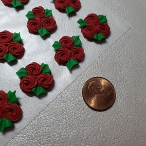 Royal icing flowers for cookie decorating, groups of 3 swirl roses with leaves, red image 3