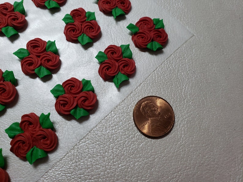 Royal icing flowers for cookie decorating, groups of 3 swirl roses with leaves, red image 3