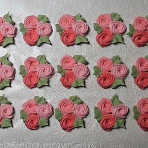 Royal icing flowers for cookie decorating, groups of 3 swirl roses with leaves, shades of pink image 1