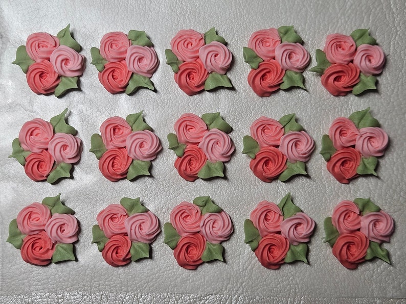 Royal icing flowers for cookie decorating, groups of 3 swirl roses with leaves, shades of pink image 1