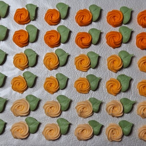 Royal icing flowers for cookie decorating, swirl roses with leaves, 3 shades of orange
