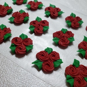 Royal icing flowers for cookie decorating, groups of 3 swirl roses with leaves, red image 2