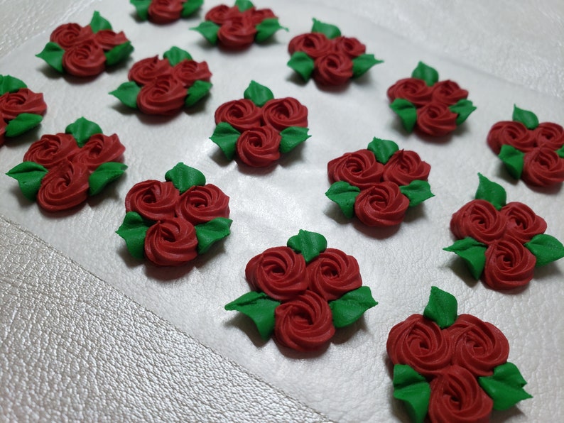 Royal icing flowers for cookie decorating, groups of 3 swirl roses with leaves, red image 2