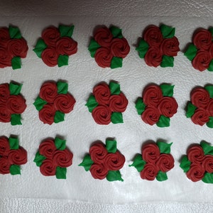 Royal icing flowers for cookie decorating, groups of 3 swirl roses with leaves, red image 1