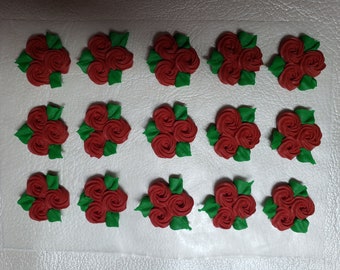 Royal icing flowers for cookie decorating, groups of 3 swirl roses with leaves, red