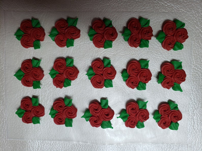 Royal icing flowers for cookie decorating, groups of 3 swirl roses with leaves, red image 1