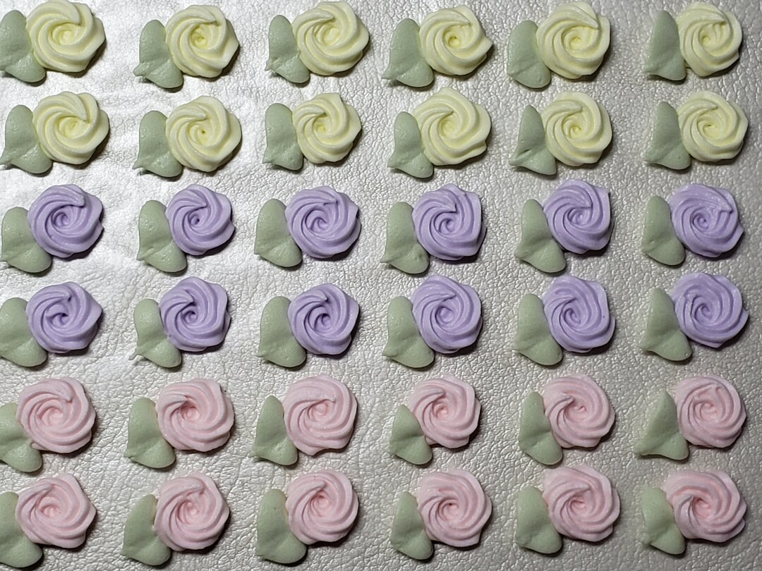 Royal Icing Flowers for Cookie Decorating, Swirl Roses With Leaves, Pastel Pink, Purple and