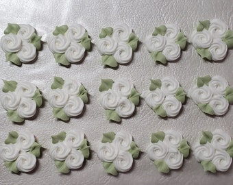 Royal icing flowers for cookie decorating, groups of 3 swirl roses with leaves, white