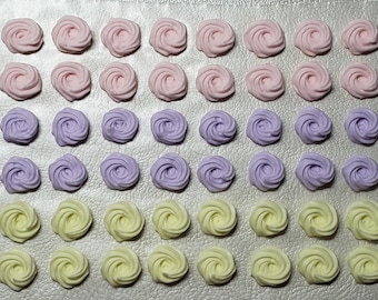 Royal icing flowers for cookie decorating, swirl roses, pastel pink, purple and yellow