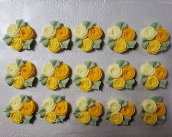 Royal icing flowers for cookie decorating, groups of 3 swirl roses with leaves, shades of yellow