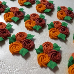 Royal icing flowers for cookie decorating, group of 3 swirl roses with leaves, 3 fall colors image 2