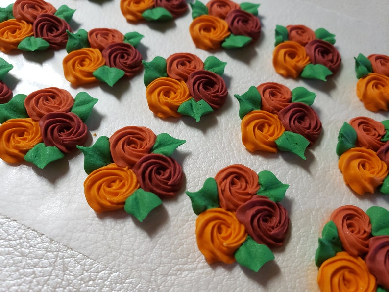 Royal icing flowers for cookie decorating, group of 3 swirl roses with leaves, 3 fall colors image 2