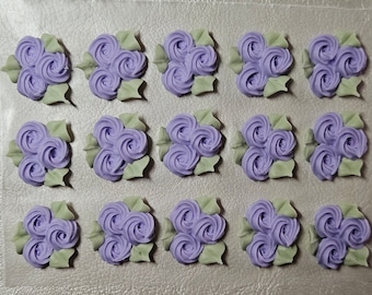 Royal icing flowers for cookie decorating, groups of 3 swirl roses with leaves, pastel purple