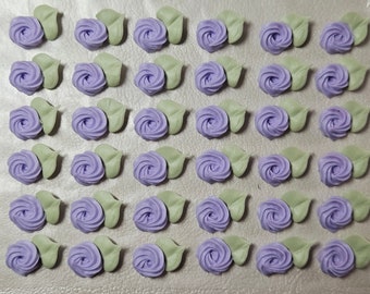 Royal icing flowers for cookie decorating, swirl roses with leaves, pastel purple