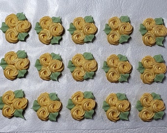 Royal icing flowers for cookie decorating, groups of 3 swirl roses with leaves, gold