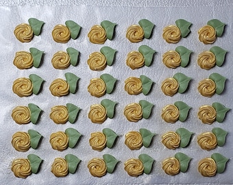 Royal icing flowers for cookie decorating, swirl roses with leaves, gold