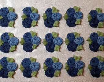 Royal icing flowers for cookie decorating, 15 groups of 3 swirl roses with leaves, shades of navy blue