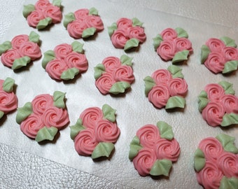 Royal icing flowers for cookie decorating, groups of 3 swirl roses with leaves, pink