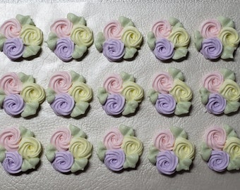 Royal icing flowers for cookie decorating, swirl roses, 3 pastel colors: pink, purple, yellow