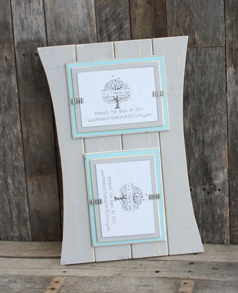 Picture Frame Distressed Wood Curved Sides Holds 2 5x7 Picture Frame Distressed Wood Curved Sides Holds 2 5x7 Photos One Horizontal And Vertical Light Gray Sky Blue