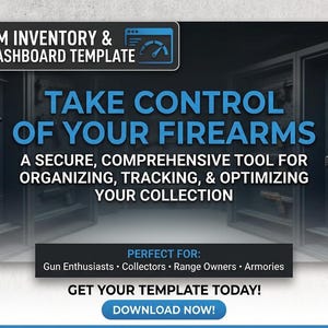 Könnte beinhalten: Eine digitale Vorlage für ein Schusswaffen-Inventar- und Asset-Dashboard mit dem Text TAKE CONTROL OF YOUR FIREARMS, A SECURE, COMPREHENSIVE TOOL FOR ORGANIZING, TRACKING, & OPTIMIZING YOUR COLLECTION sowie dem F.I.D.T-Branding und Waffenwand.