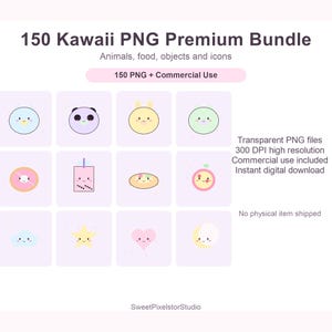 Peut inclure: Une collection numérique intitulée 150 Kawaii PNG Premium Bundle présentant des animaux, de la nourriture, des objets et des icônes. L'ensemble comprend 150 fichiers PNG avec droits d'utilisation commerciale, haute résolution 300 DPI.