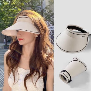 Women's rolled-edge open-top sun hat, wide-brimmed sun hat, portable foldable open-top hat, outdoor adjustable headwear, customizable